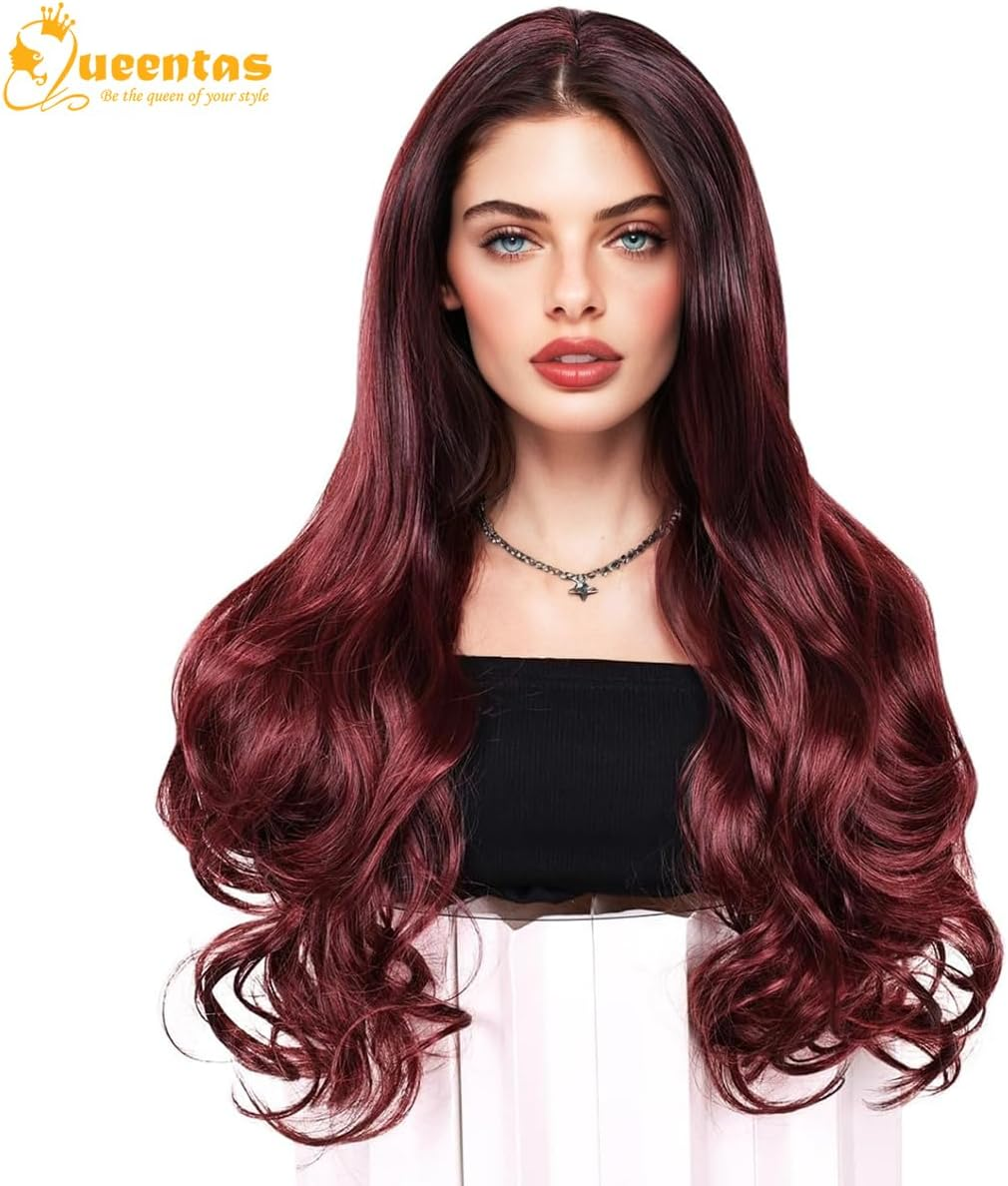 QUEENTAS 24 Inch Black Ombre Burgundy Wigs for Women Long Curly Wig Glueless Deep Wave Synthetic Hair Wigs image number 3