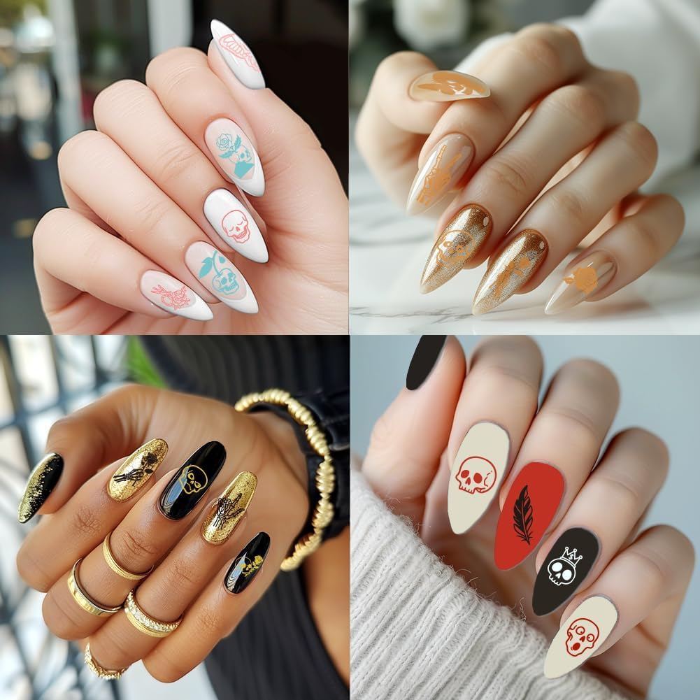 3Pcs Skull Nail Stamping Plate Set Halloween Nail Stamp Templates Skeleton Hands Roses Metal Reusable Tools with Stamper Scraper for Manicure Printing image number 4