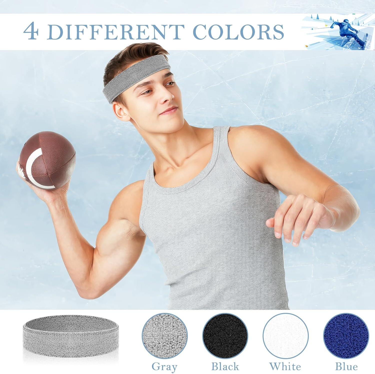 4 Pack Headbands for Men, Sweat Bands Headbands Men & Women, Cotton Terry Sweat Bands for Tennis, Basketball, Running, Gym, Working Out image number 2