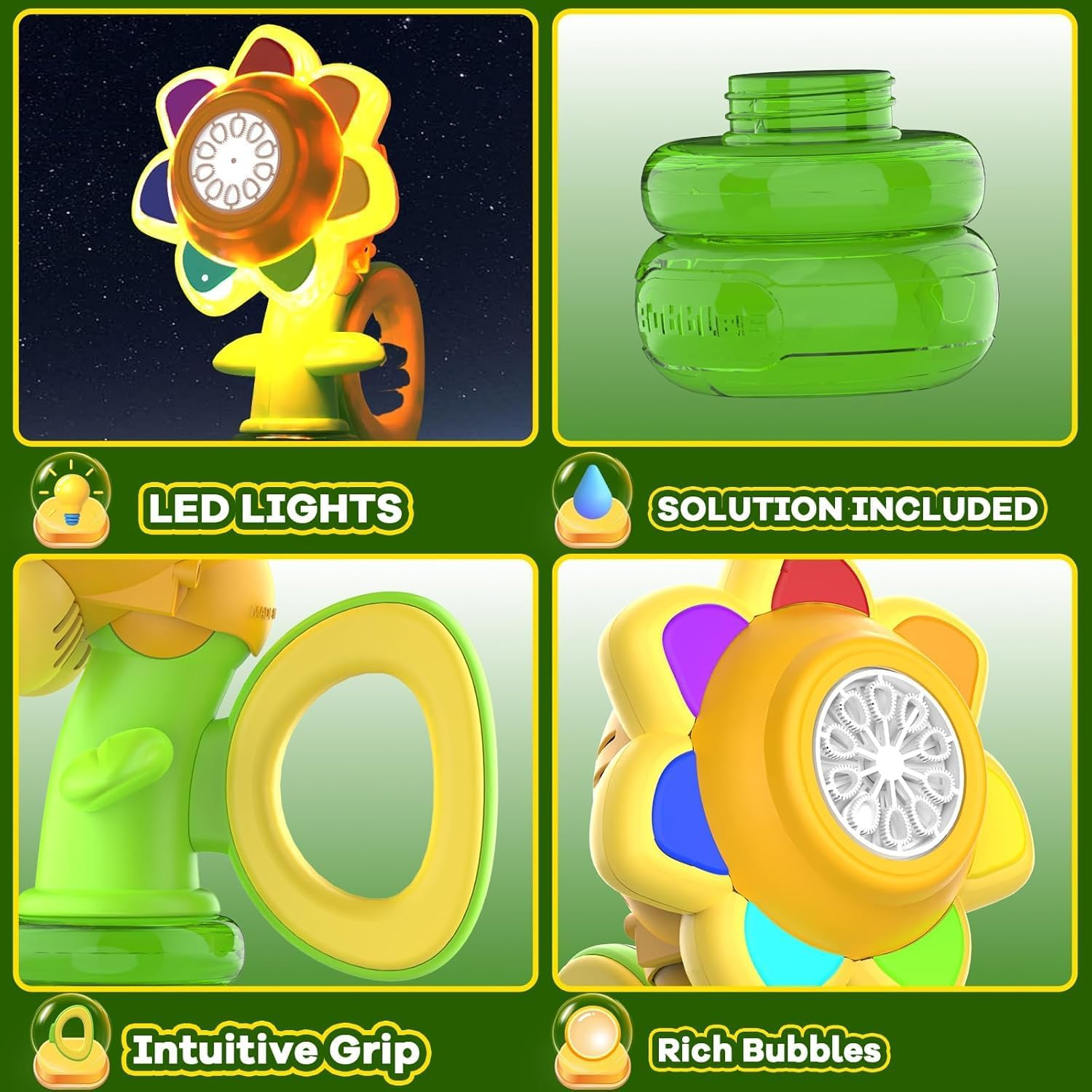 Bubble Machine for Kids, Automatic Sunflower Bubble Maker for Toddlers, Bubble Toys with LED Lighting & 10 Refill Solutions Rechargeable Bubble Blower for Indoor Outdoor Birthday Party Green image number 1