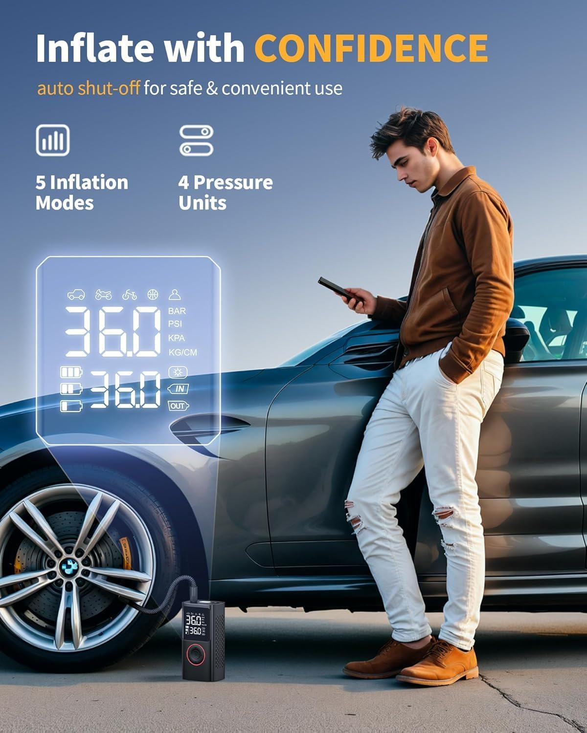 Tire Inflator Portable Air Compressor, 150 PSI Cordless Mini Bike Tire Pump, Air Pump for Auto, Motorcycle, Bicycle, Balls with Pressure Gauge&Led Light image number 5