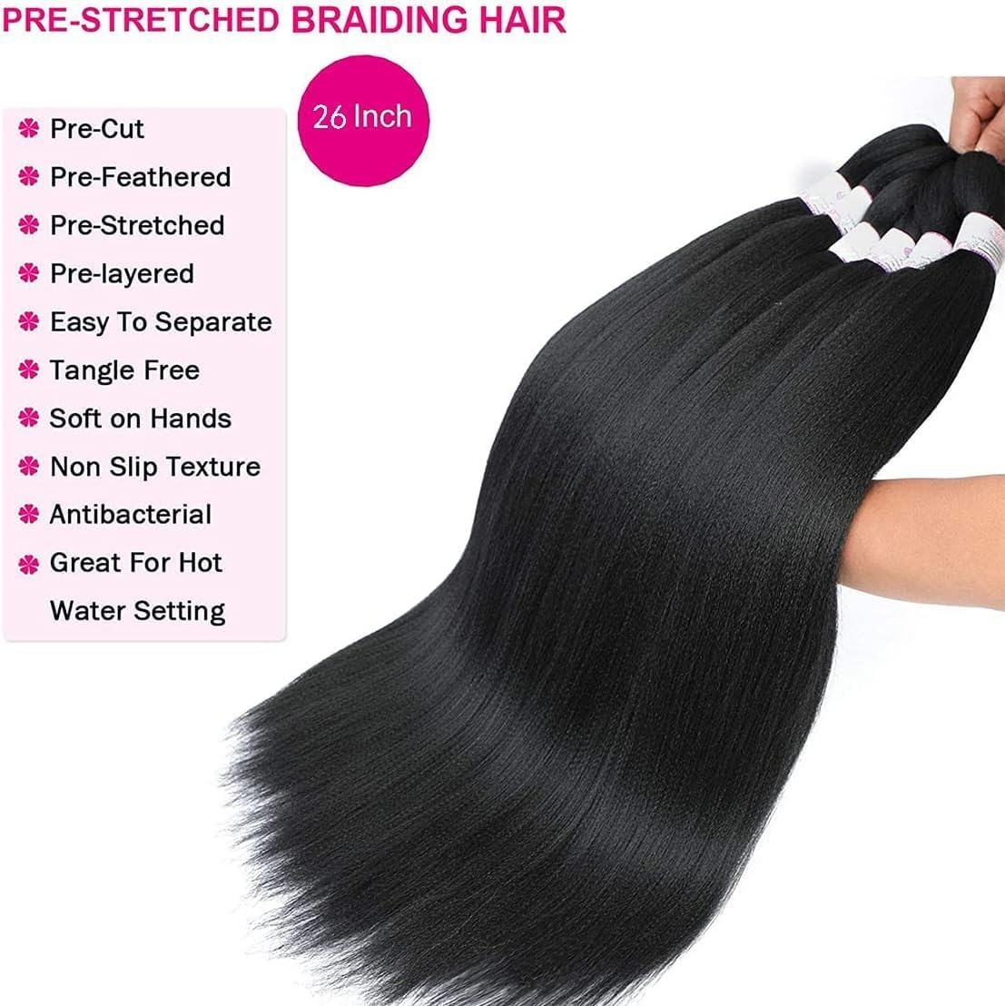 Pre Stretched Braiding Hair 26'' Easy Braid 6 Packs Professional Itch Free Synthetic Fiber EZ Braids Yaki Texture Knotless Braiding Hair Extensions (1B) image number 6