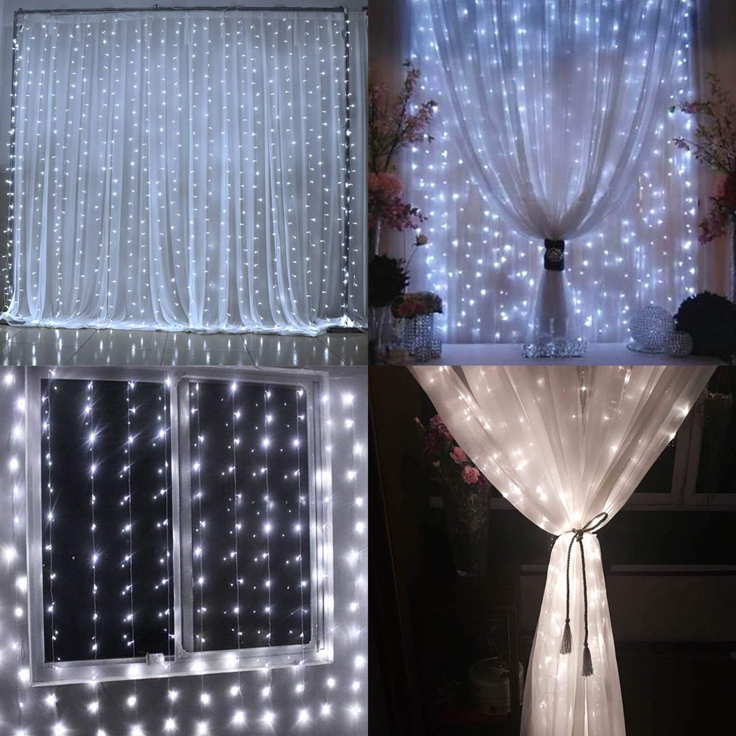 LED Curtain Lights, USB & Battery Powered LED Icicle Lights, 300 Leds, 9.8Ft X 9.8Ft with 8 Modes Remote Controller for Holiday, Party, Outdoor Wall, Wedding Decorations (White)