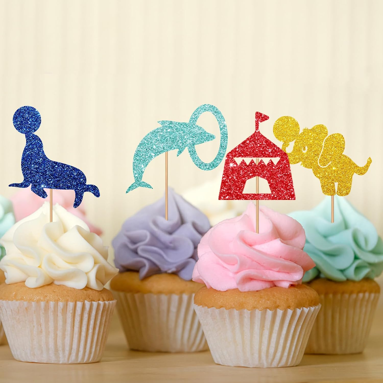 24Pcs Circus Cupcake Toppers, Circus Animal Cupcake Toppers, Colorful Glitter Carnival Cake Decoration for Kids, Carnival Themed Baby Shower/Birthday Party Supplies