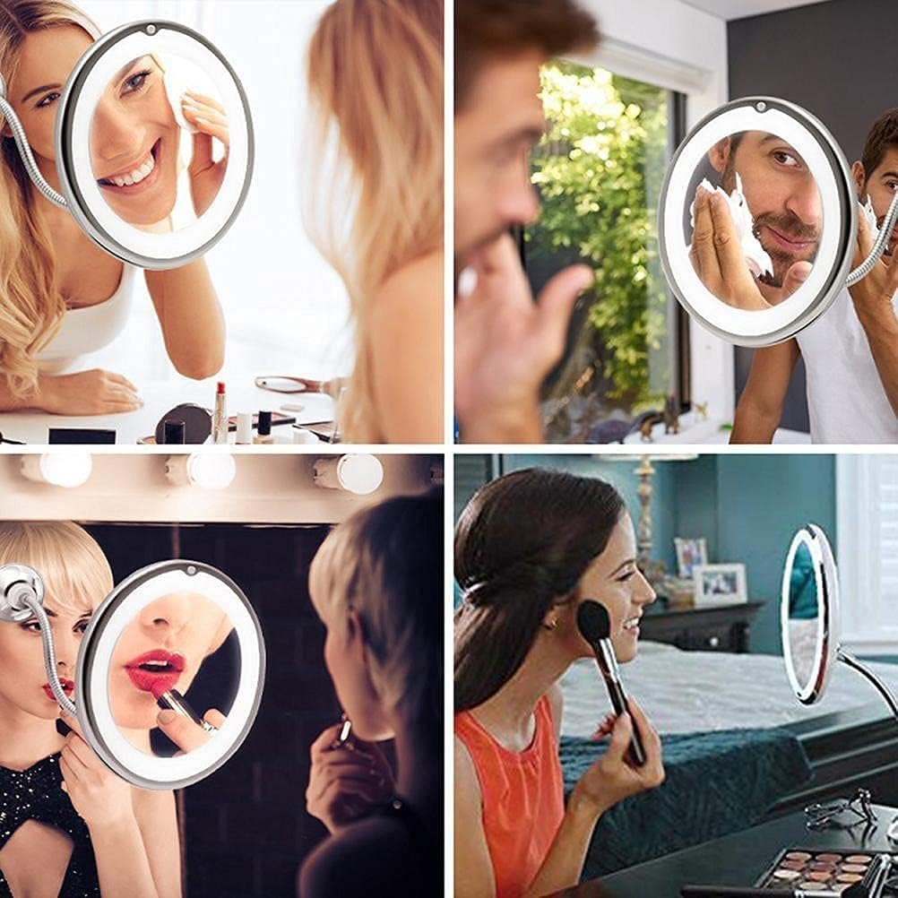 Makeup Mirror with Suction Cup,Fotrsdku 360 Degree Swivel Flexible Gooseneck, 10X Magnifying Mirror with Led Light,Vanity Mirror,Perfect for Makeup,Contact Lenses, Cosmetics or Shaving,For Bedroom image number 1