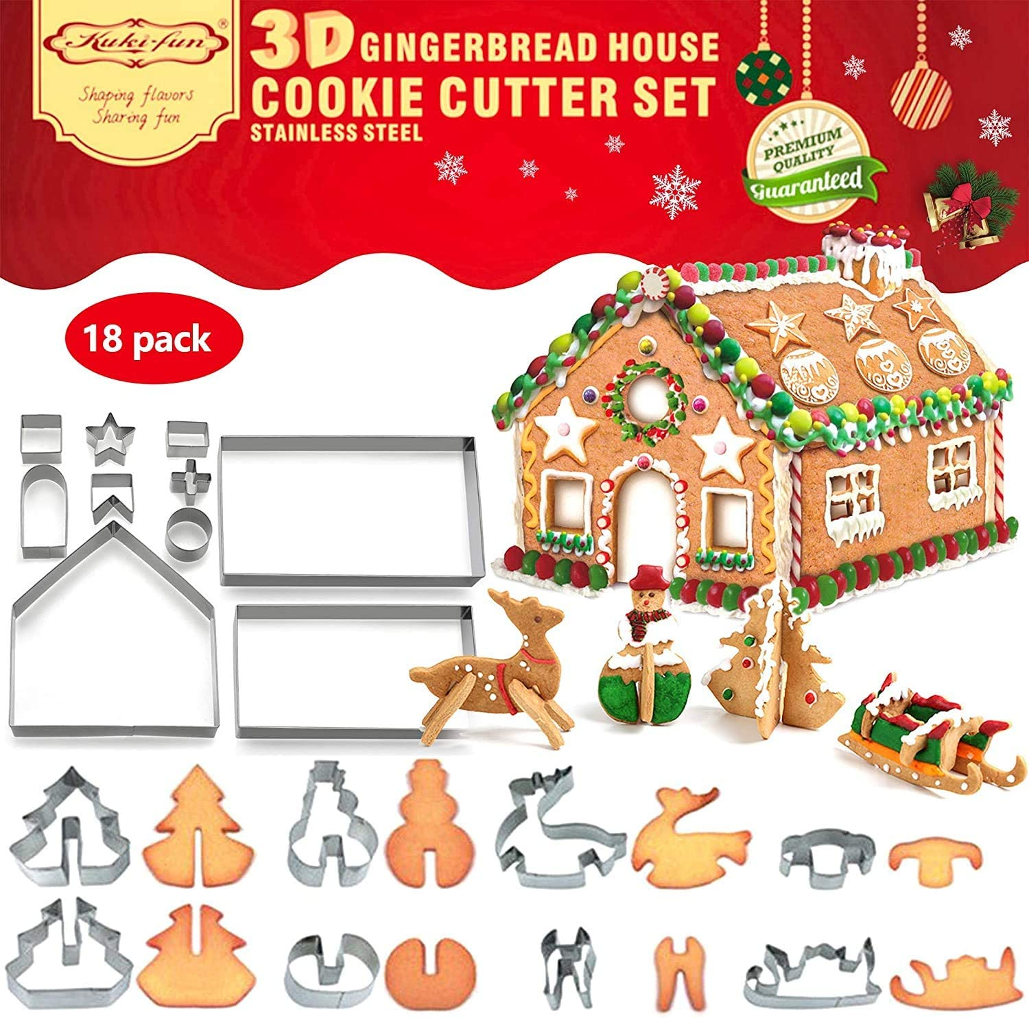 18 PCS Gingerbread House Cookie Cutter Set, 3D Stainless Steel Christmas House Fondant Cutter Kit, Including Christmas Tree, Snowman, Reindeer, Sled Shapes, Gift Box image number 6