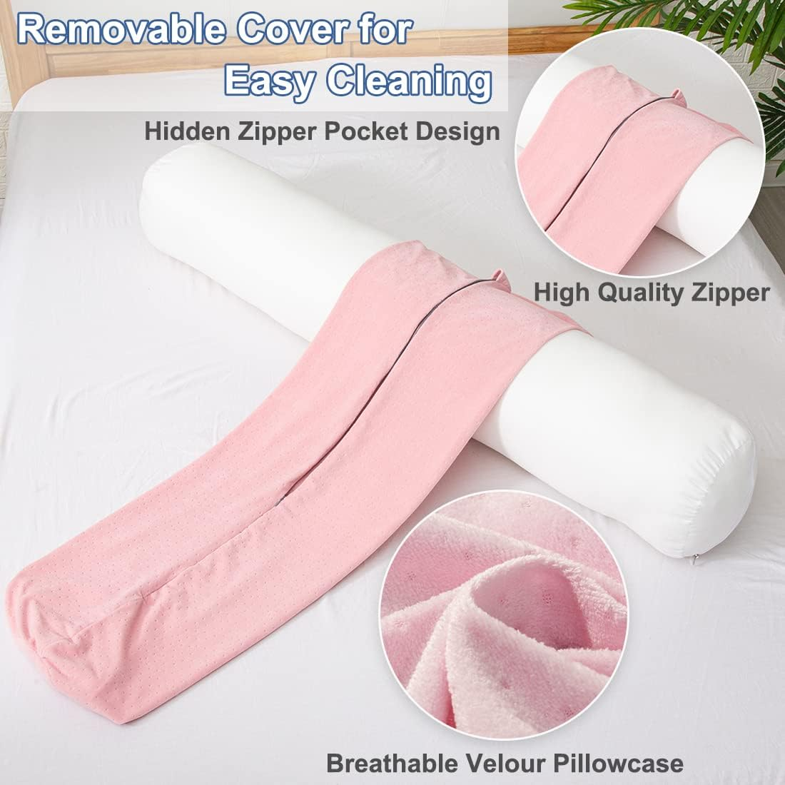 Body Pillow for Adults, Bolster Pillow with Removable Velour Cover, Long round Roll Cylinder Pillow for Bed, 47" X 7.87", Pink image number 4