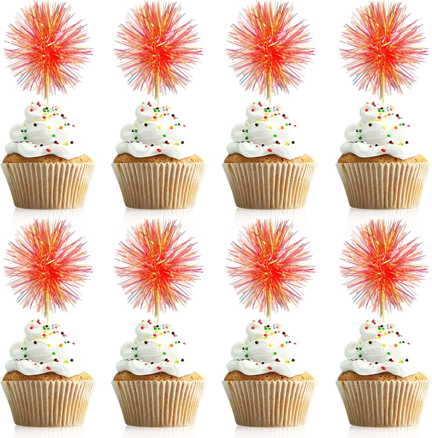 30PCS Foil Firework Cupcake Toppers, Takemay Happy Birthday Rose Cake Toppers, Sparkle Tinsel Flower Drink Stirrers Cocktail Food Fruit Toothpicks for Xmas Party Birthday Wedding Ceremony image number 1