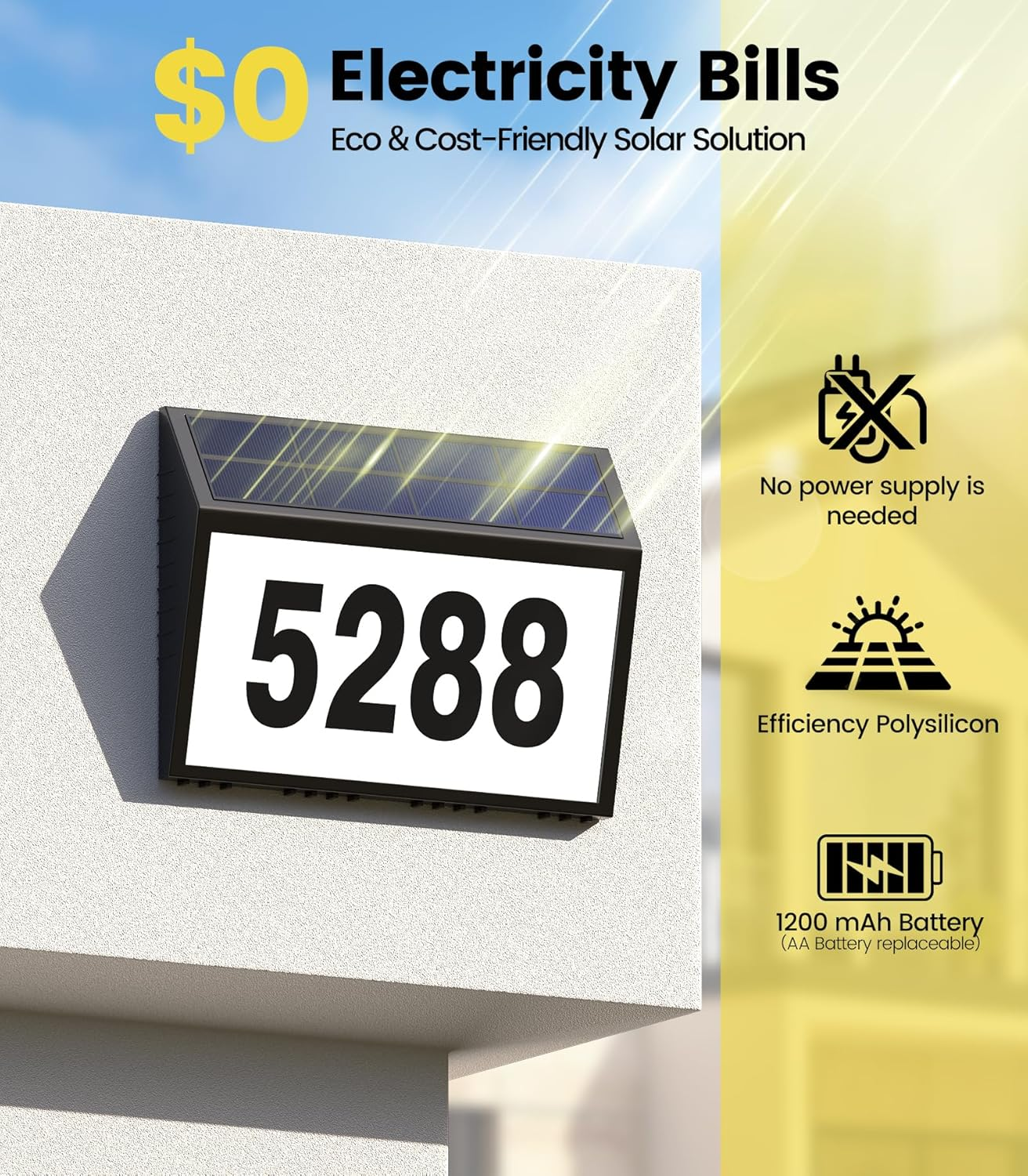 GEAGMAGC Solar House Numbers for outside Light Up, LED Illuminated Home Number Address Sign Plaque Waterproof for Yard, Wall-Mounted or Floor-Plugged- Black, 8.7 &times; 6.4 Inch image number 4