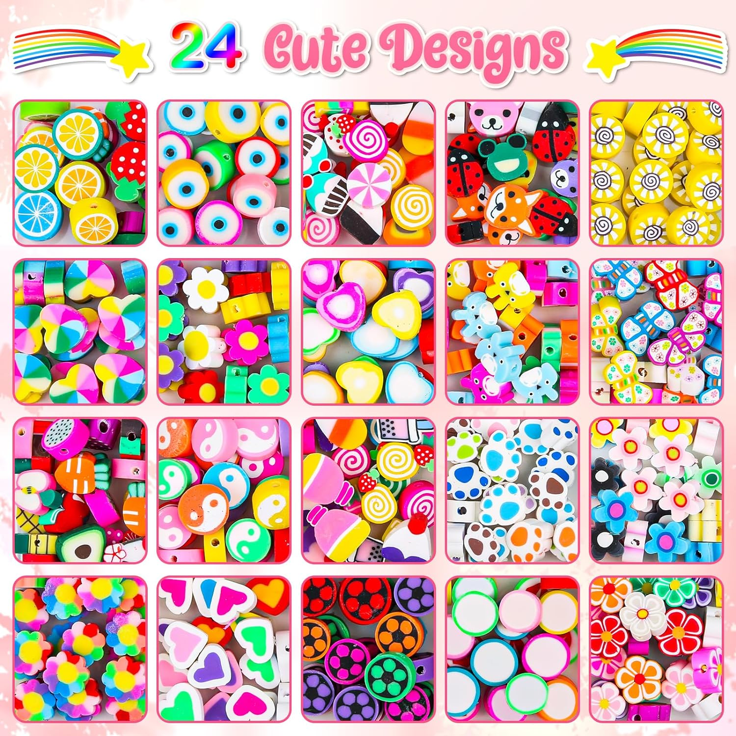 Thrilez 480 Pcs Fruit Flower Polymer Clay Beads, 24 Styles Clay Bead Charms for Bracelets Making, Jewelry Making, Necklace and Earring with Elastic String image number 1