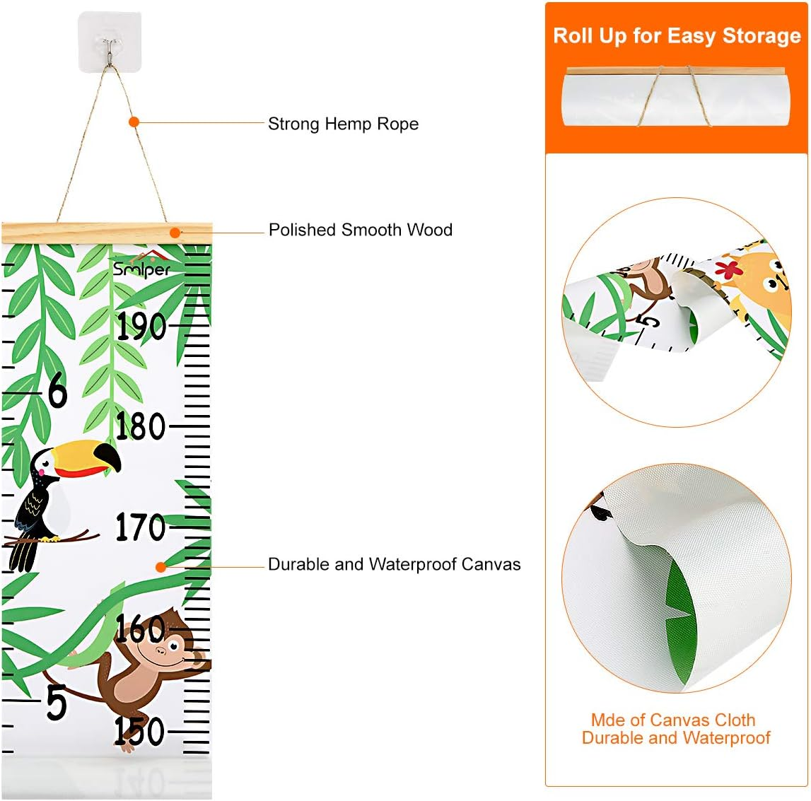 Growth Chart for Kids,Child Height Chart Ruler for Wall,Wood Frame Fabric Canvas Height Measurement Ruler for Kids Nursery Room,Removable Wall Decor 79"X7.9" image number 6