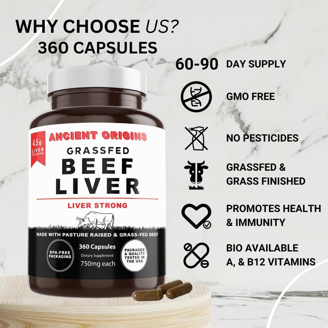 ANCIENT ORIGINS Grass-Fed Beef Liver 4500 Mg (360 Capsules, 750Mg Each) - Desiccated Beef Organ Supplement, 100% Pasture-Raised Cattle, Freeze Dried Undeffated Liver Powder Capsules, 60-Day Supply image number 6