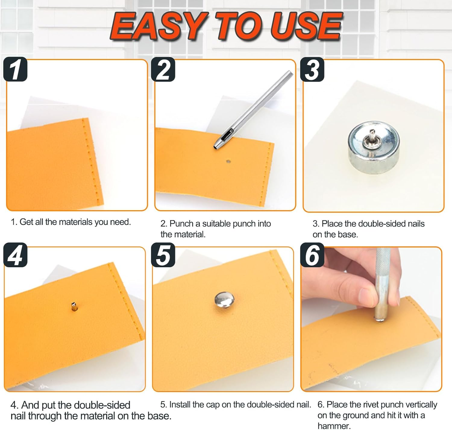 Tanstic 365Pcs Leather Rivets Kit, 3 Sizes 4 Colors Double Cap Rivets Flat Tubular Metal Studs with Rubber Hammer and Setting Tool Kit for Leather Craft Repair Decoration(Silver/Gun Black/Bronze/Gold) - A Kit image number 5