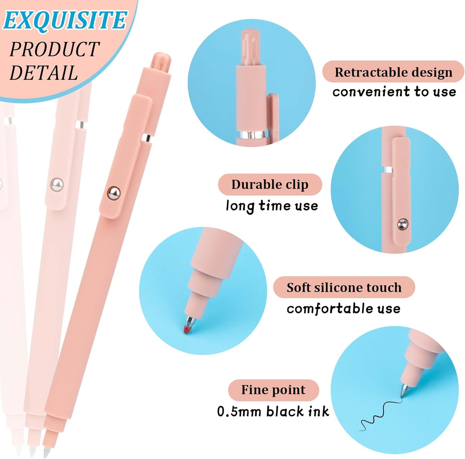 YUNAI Retractable Gel Pens, 5PCS 0.5Mm Black Ink Ballpoint Pens with Silicone Clip, Premium Smooth Writing Quick Dry Ink Fine Point Rollerball Pens for School Office Home Stationery Supplies - Light Colors-Multicolor Ink image number 6