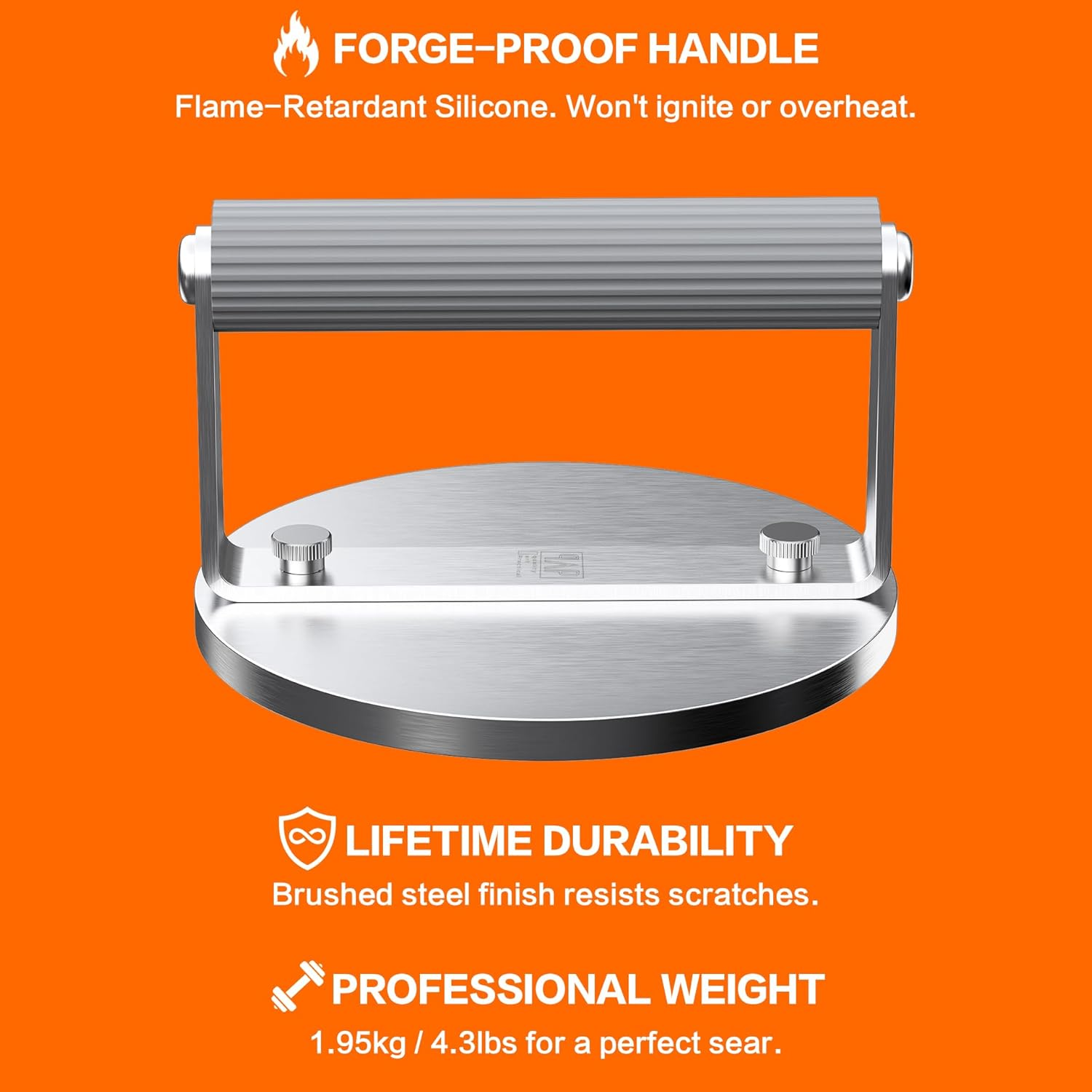 The Artisan Sear Press by QAP | Heavy Duty 1.95Kg Stainless Steel Grill Press for Smashed Burgers, Steak & Bacon | with Forge-Proof Flame-Retardant Handle | 163Mm round BBQ Hot Plate Accessory/Bp1-01 image number 6