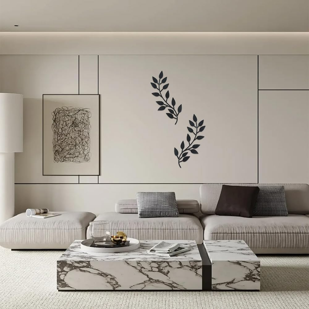 2 Pieces Metal Leaf Leaves Wall Hanging Decor - Olive Branches and Leaves Modern Wall Art above Bed, Outdoor (Black, One Size)
