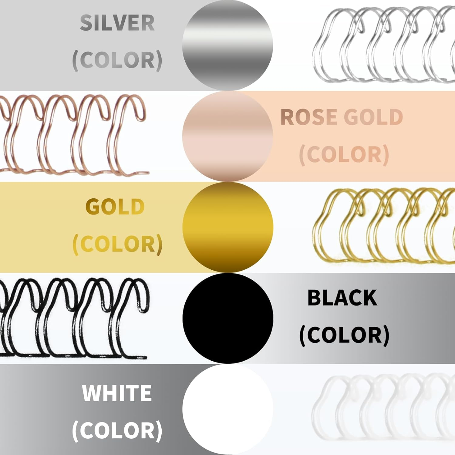 RAYSON Double Loop Wire Binding Spines, 5/8 Inch, 21 Holes, 2:1 Pitch, Binding Capacity 25-145 Sheets, Letter Size, Pack of 50 with Black, White, Rose Gold, Silver, Golden Multicolor image number 4