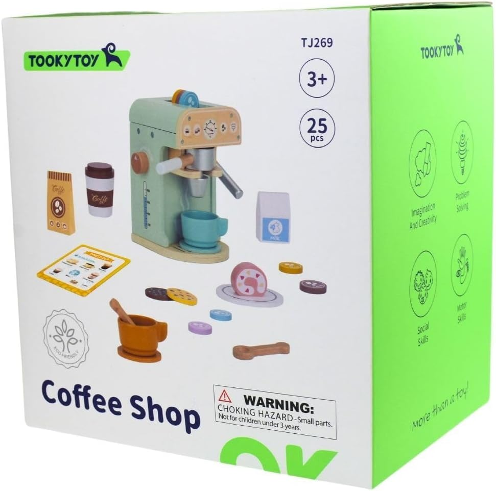 Tooky Toy TJ269 Wooden Barista Coffee Machine Set :Quality Pretend Play Wooden Set for Ages 3+