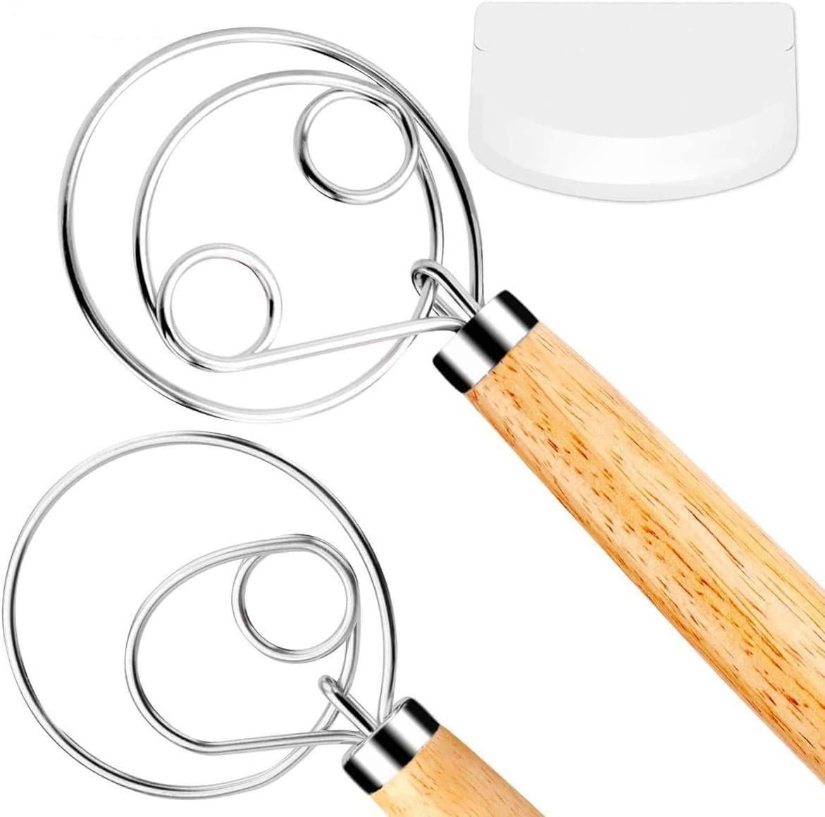 Danish Dough Whisk Bread Mixer，2 Pack Premium Stainless Steel Dutch Whisk with a Dough Scraper for Bread, Pastry or Pizza Dough - Perfect Baking