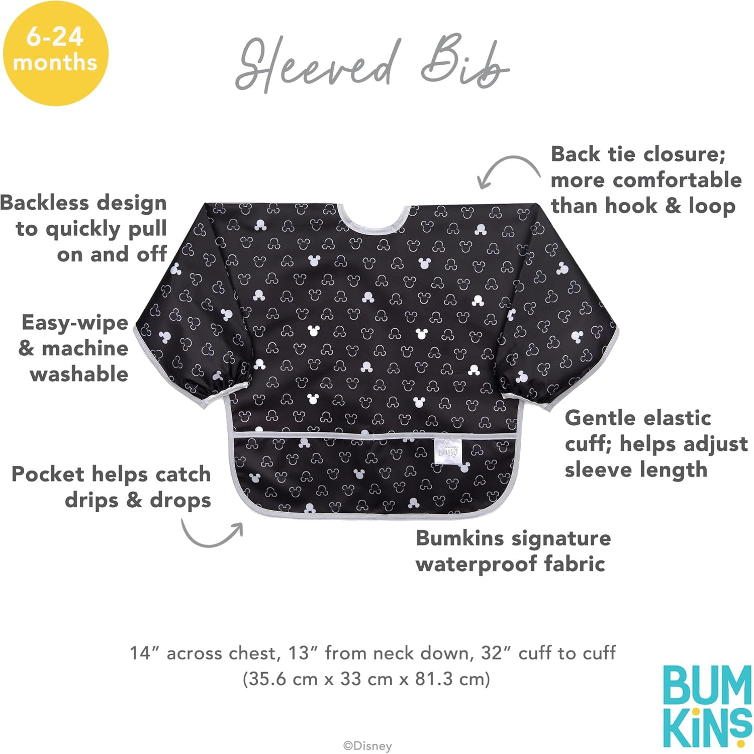 Bumkins Disney Bibs, Baby and Toddler Girls and Boys 6-24 Months, Long Sleeve, Essential Must Have for Eating, Feeding, Mess Saving Lightweight Waterproof Fabric Sleeved Smock, Mickey Mouse Icon image number 3
