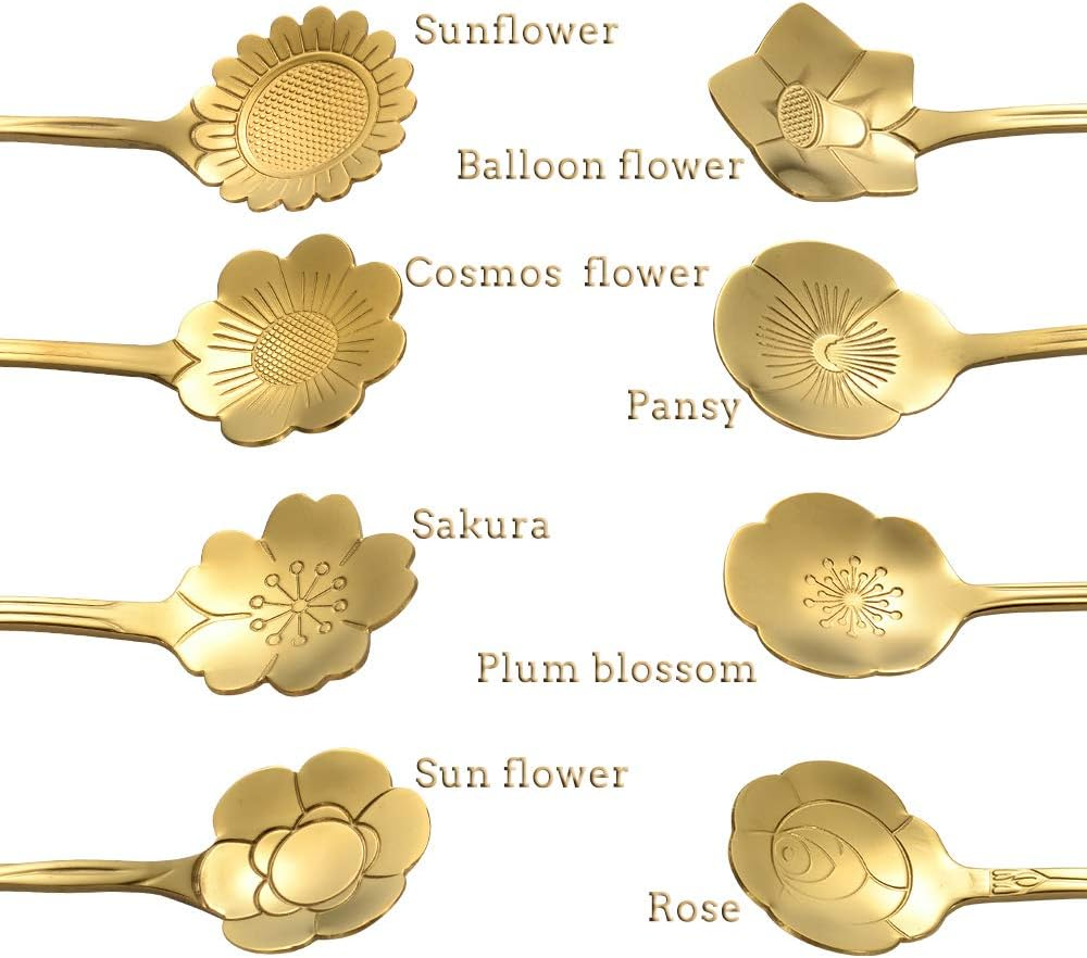 Ansaw 8 Pcs Flower Spoon Set, Stainless Steel Reusable Tea Scoops for Stirring, Coffee, Mixing, Sugar, Dessert, Cake, Ice Cream - Tableware for Tea Parties (Length: 4.9 Inch, Gold) - Gold image number 4
