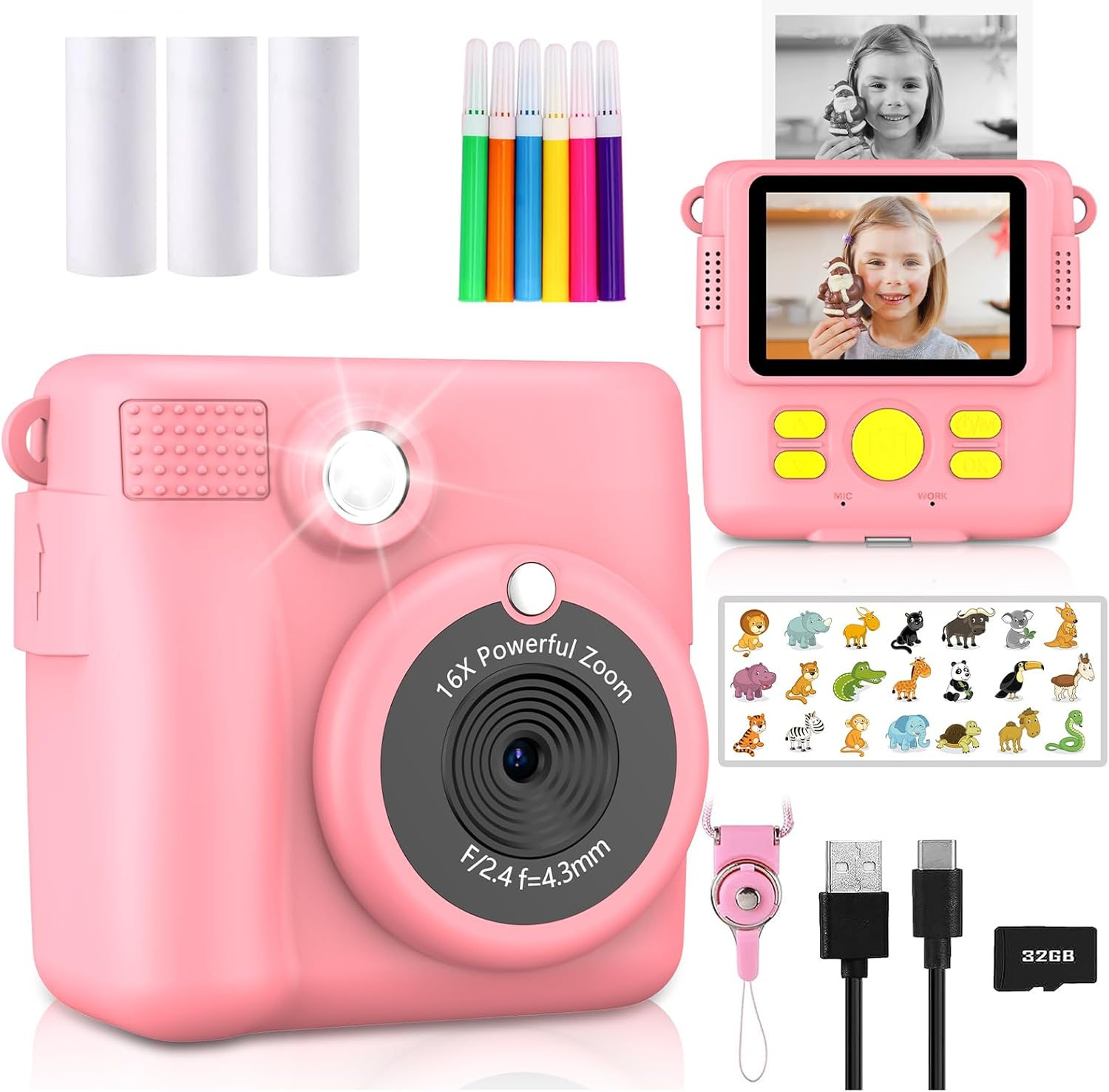 Instant Print Camera for Kids,Christmas Birthday Gifts for Age 3-12 Girls Boys，1080P HD Digital Video Cameras for Toddler,Kids Portable Toy with 3 Rolls Photo Paper，32Gb Card-Pink
