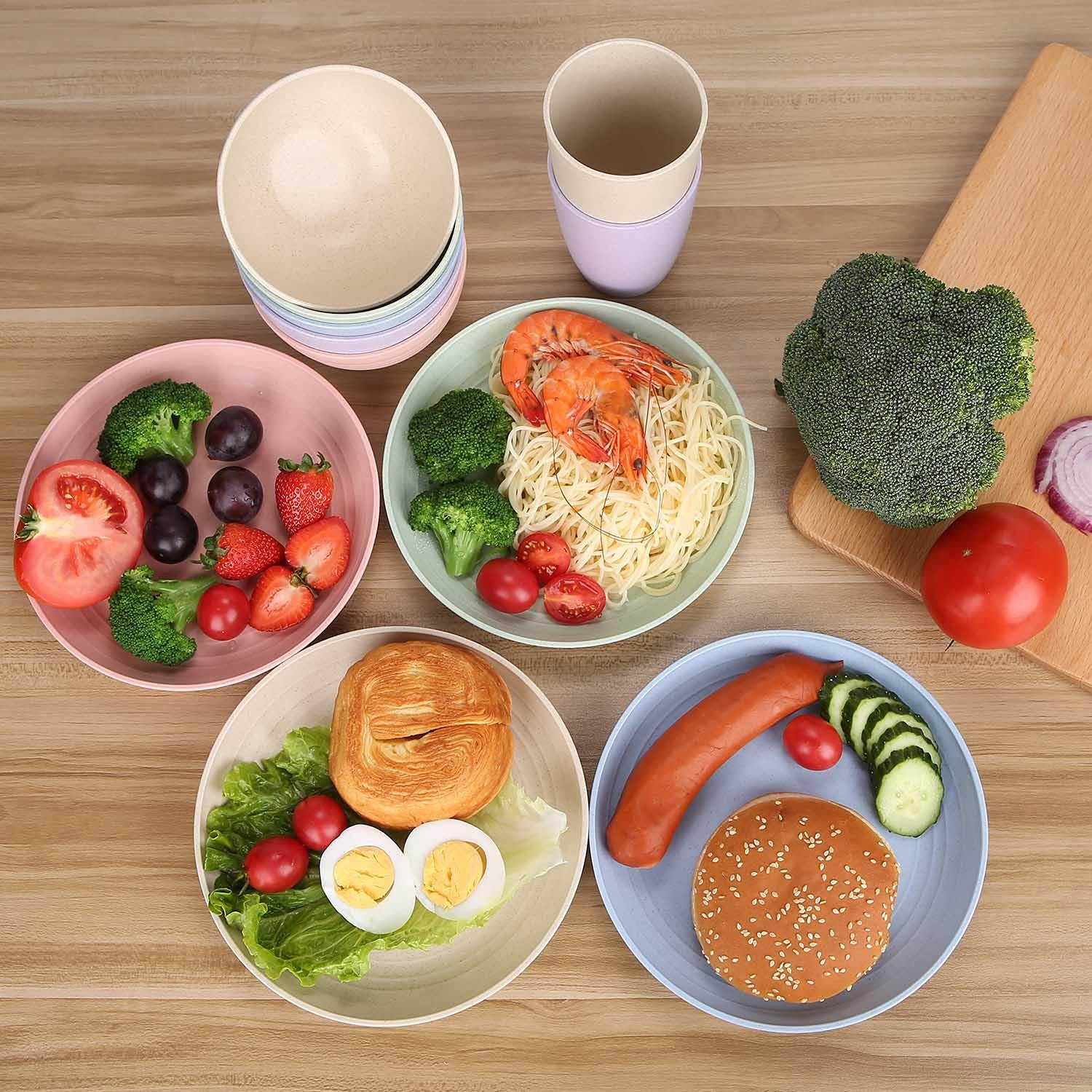 Luckyzone Wheat Straw Dinnerware Sets for 4 (Reusable Plates, Bowls & Cups) - Lightweight Unbreakable Dinner Camping Dishes for Kids Adult - Dishwasher & Microwave Safe, Eco Friendly(12Pcs/Beige) image number 4