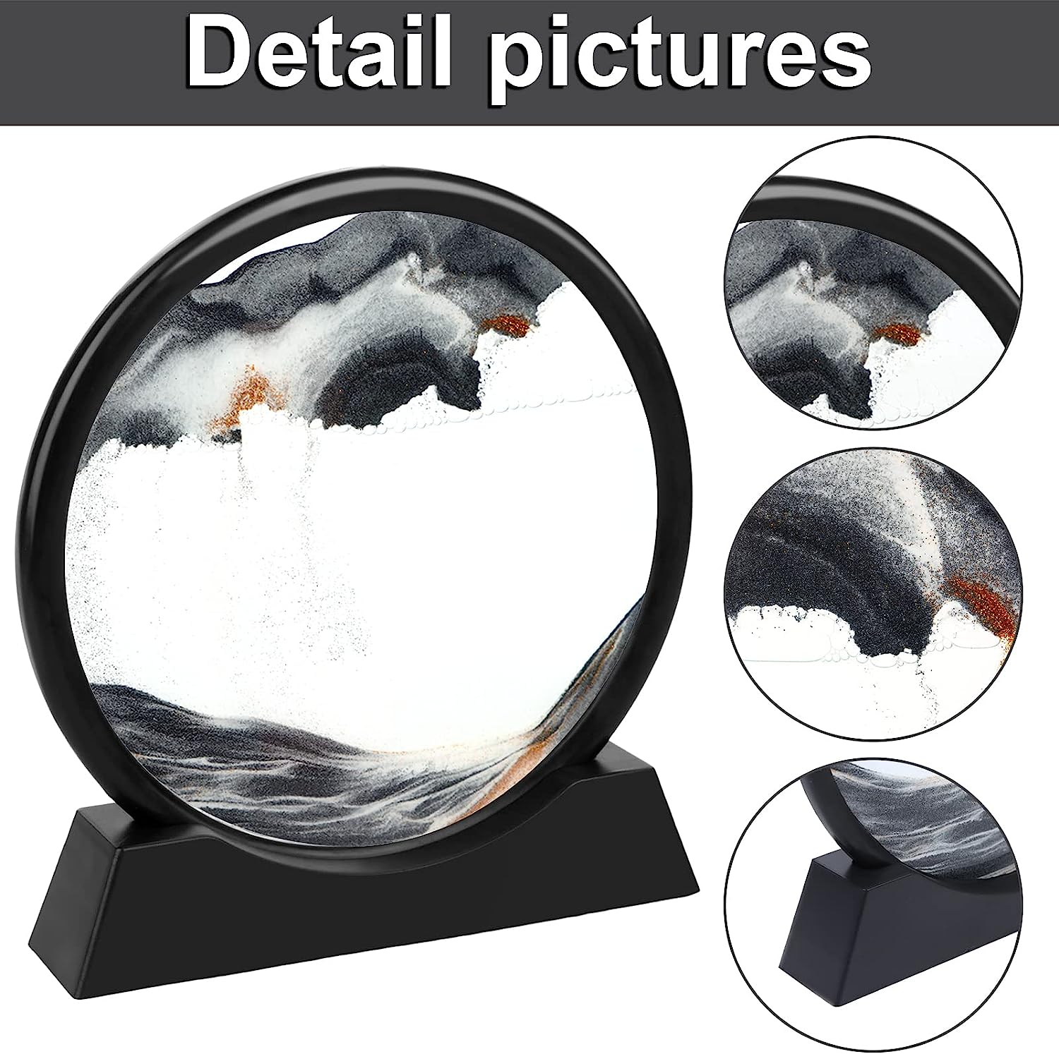 Flowing Sand 3D Natural Landscape Dynamic Art, round Glass Deep Sea Sandscape for Home Ornament, Desktop Art, Bookshelves Decoration (Black, 7 Inches) - 7,Black image number 6
