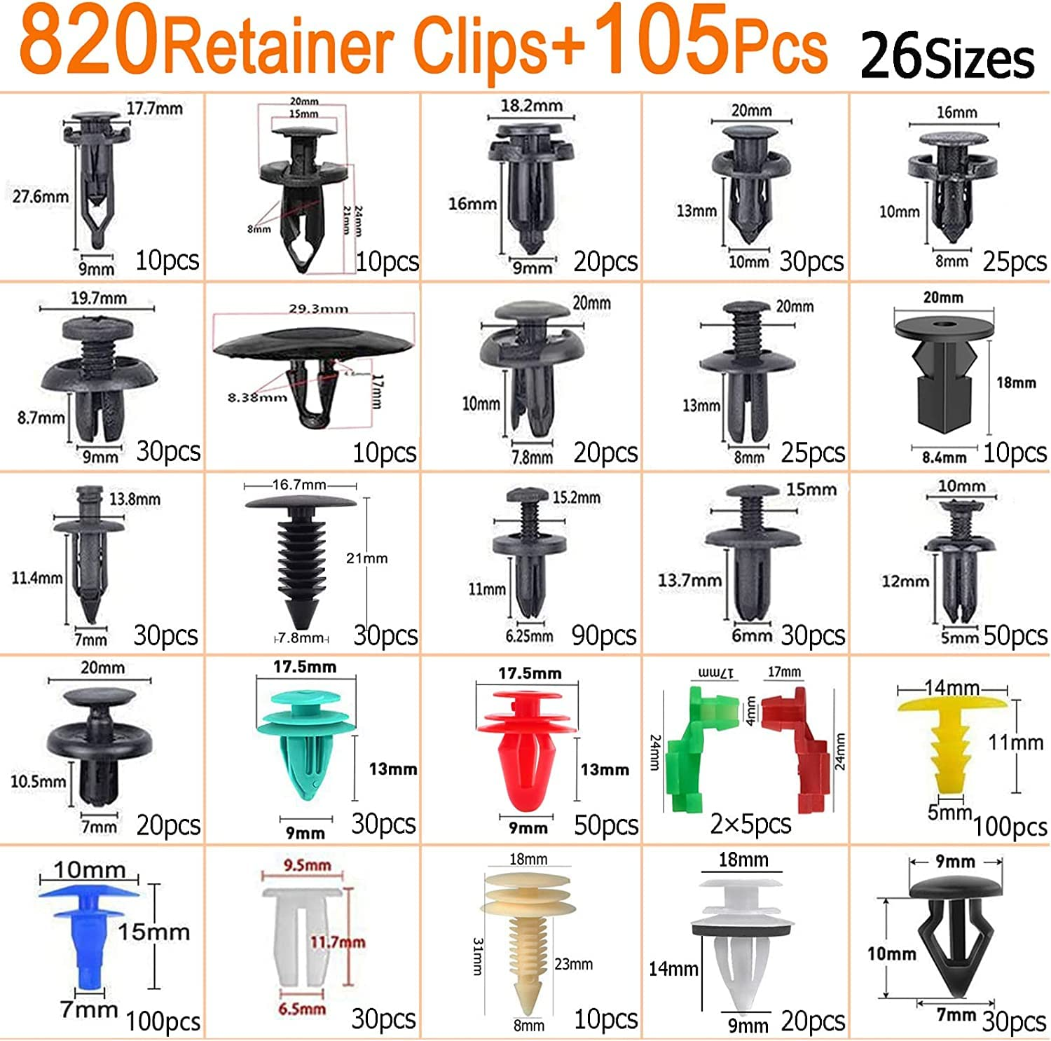 925Pcs Car Retainer Clips Auto Fasteners Rivets, 23 Types Universal Car Retainer Nylon Car Body Door Trim Panel Bumper Fender Clip Push Pins with Cable Ties and Trim Remover Tool