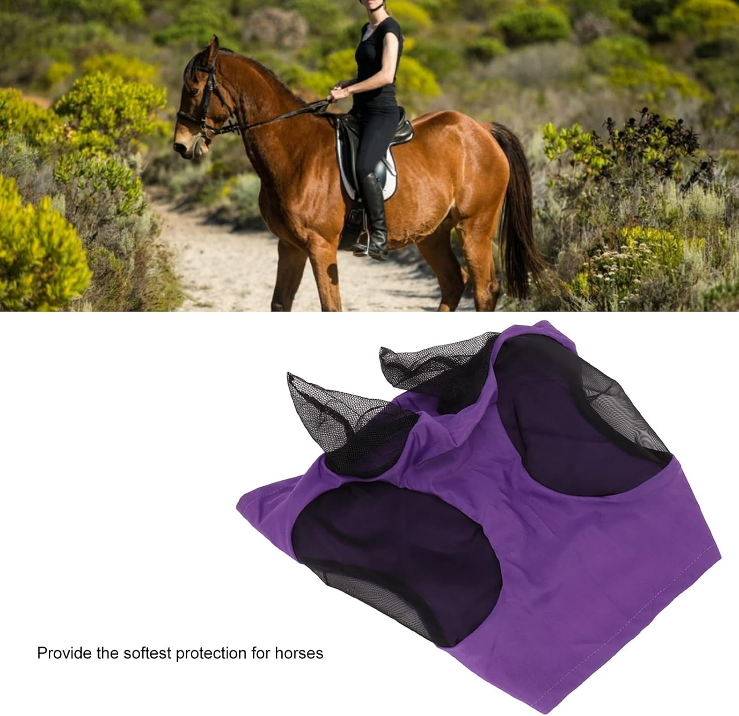 Breathable Horse Mesh Fly Mask with Ears, Elastic Equestrian Face Mask for Horses, Sunlight Protection & Fly Protector (Purple) image number 1