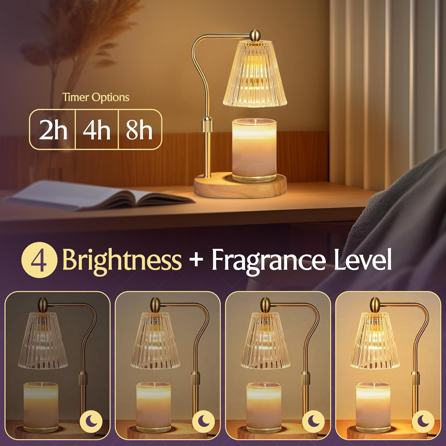 Adjustable Candle Warmer Lamp Gift Set with Scented Candle &ndash; Electric Wax Melt Lamp with 4-Level Dimmer & Timer (2/4/8H), Bedside Table Lamp, Home Decor Gift image number 6