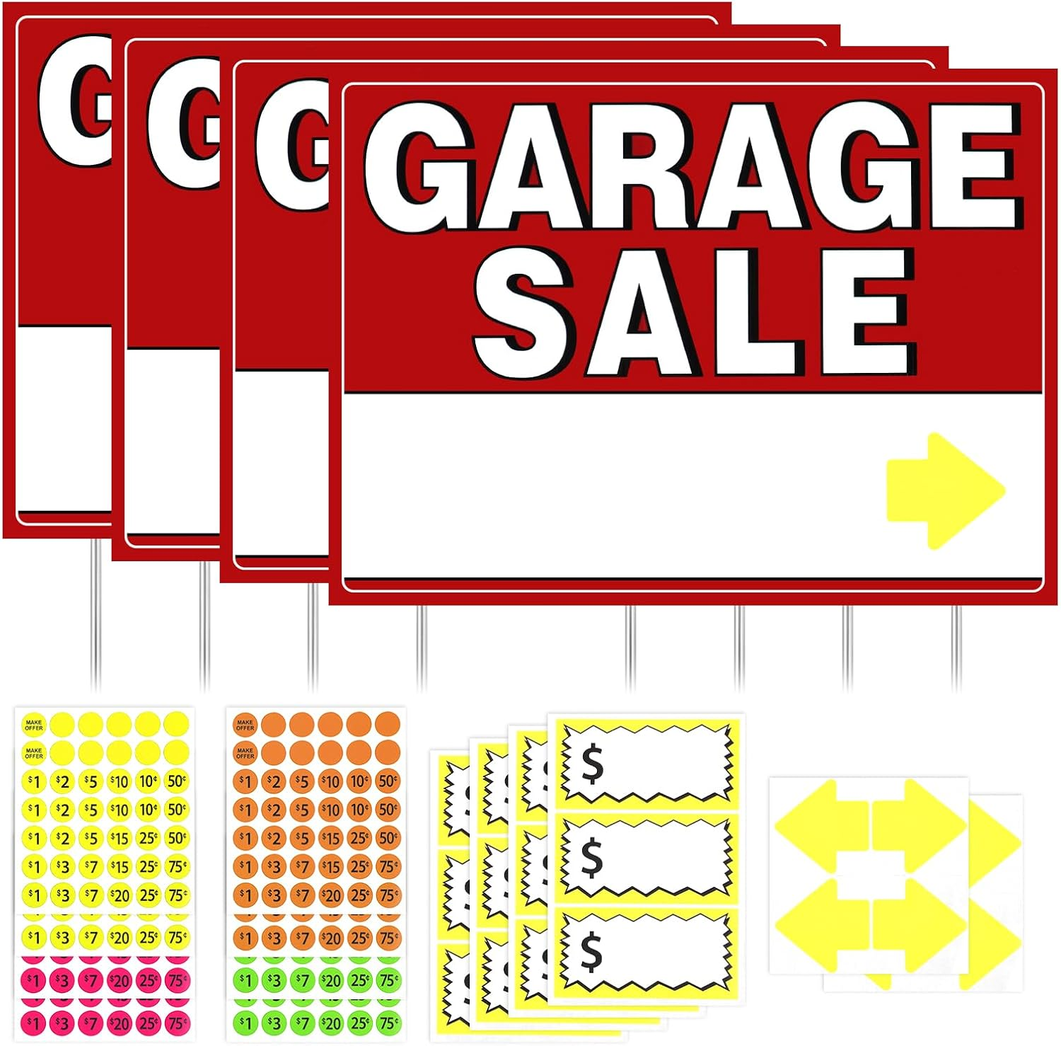 4Pcs Garage Sale Sign, Garage Sale Signs Set with Stakes 16X12 Inch Double Sided Yard Sale Signs with Arrow Price Stickers Waterproof Garage Sale Sign for Sales Event image number 4
