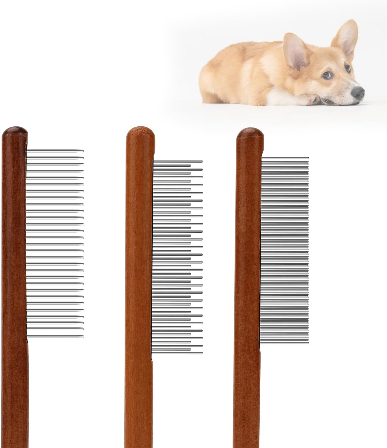 3Pcs Grooming Comb for Pets, Solid Wood Cat Combs with Wide & Narrow Rounded-Tip Teeth Pet Hair Comb Metal Flea Lice Comb for Cats Dogs Rabbits Tangled Hair (3 Sizes) image number 2
