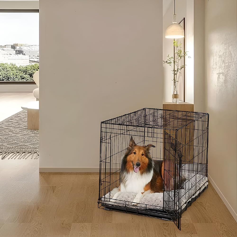 36" Dog Crate Cage, Double Door Folding Dog Cage, Pet Kennel Crates with Removable Tray, Dog Fence House Outdoor Indoor Portable Carrier image number 1