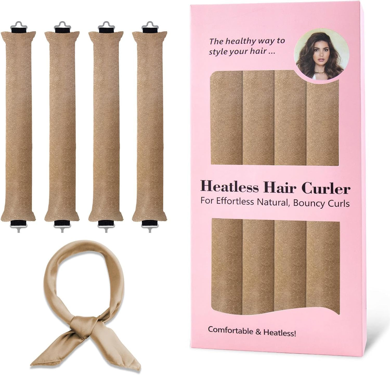 Heatless Hair Curler Curling Rod Headband, Sleep Overnight Heatless Curling Rollers Set Styling Tools for Women Girls, 4 Pack Beige Curling Rods with One Silk Head Scarf