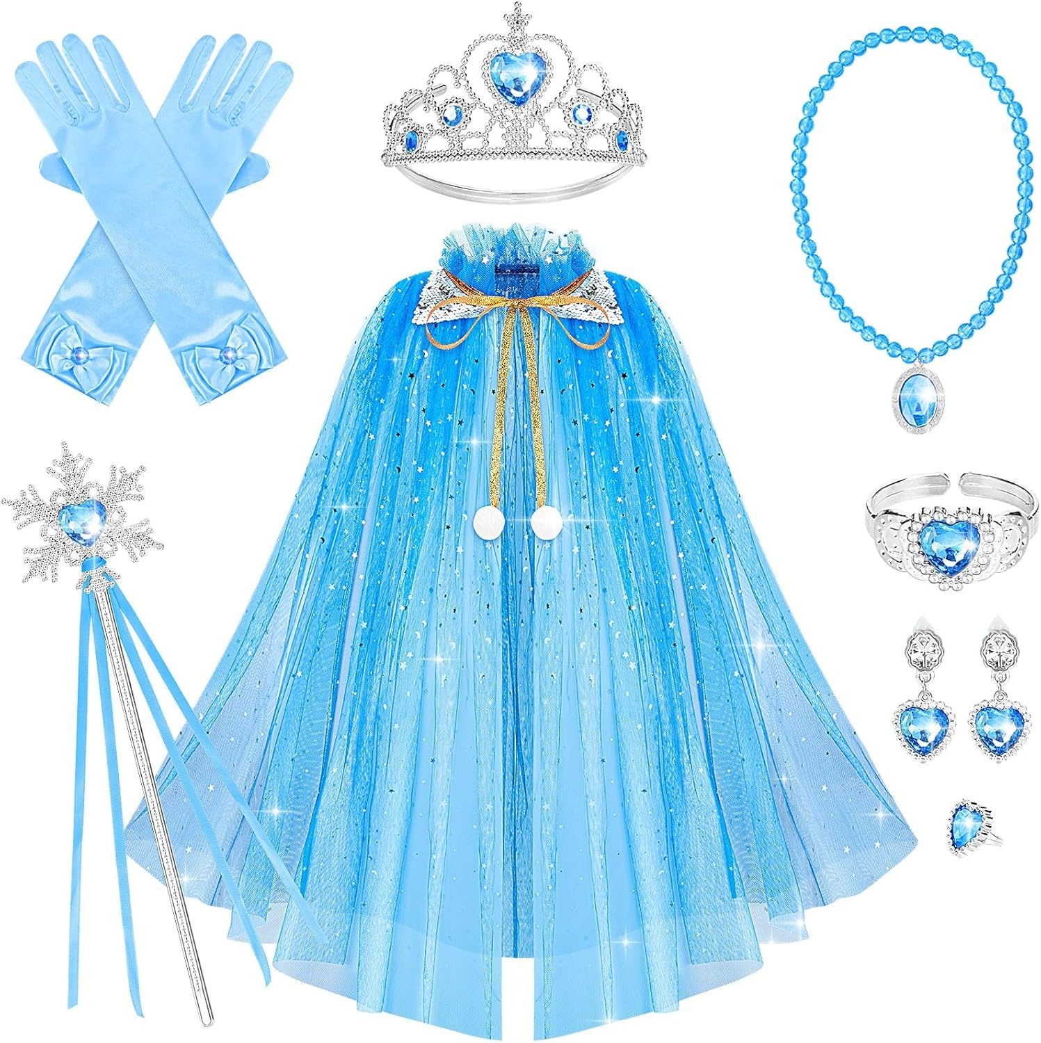 Hapgo 10 Pieces Princess Cape Set Dress up Clothes for Little Girls Party Cosplay Cloak with Jewelry Tiara Crown Wand Gloves
