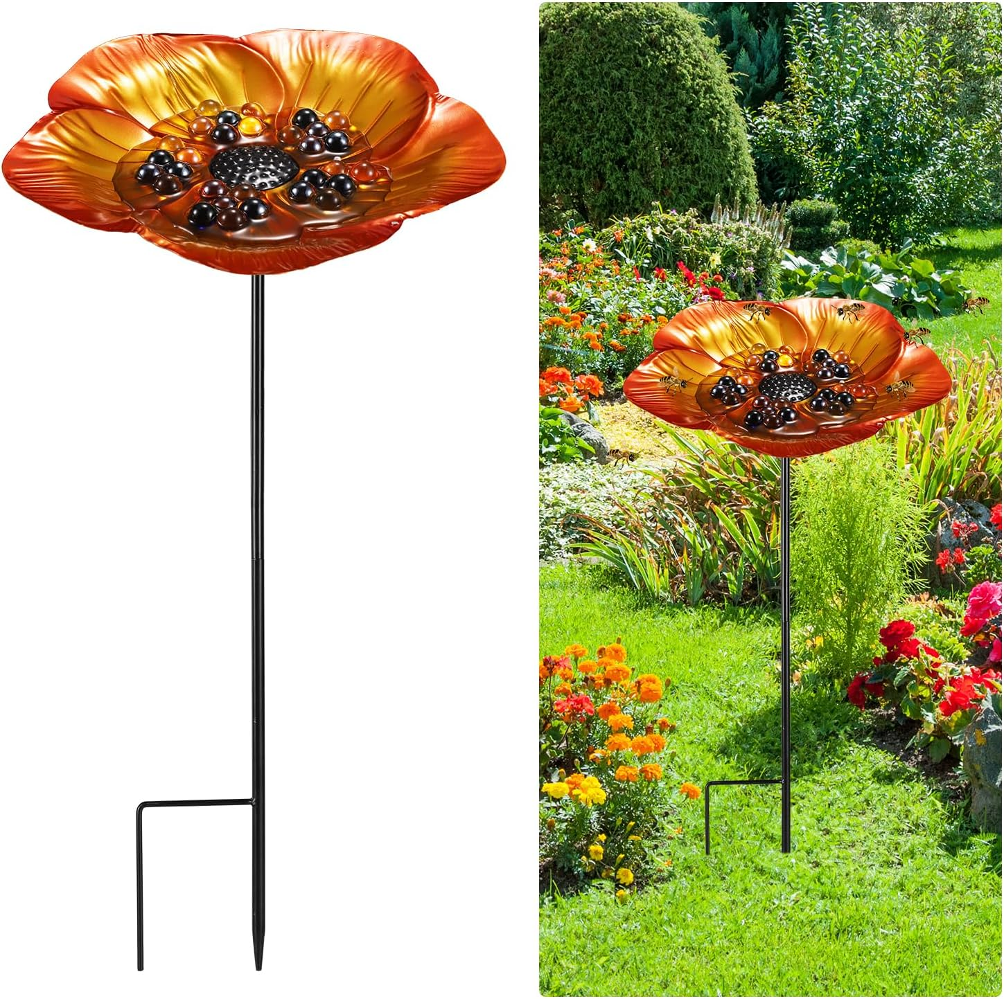 Bee Feeder with Flower Design, Iron Vivid Bird Watering Station Bee Drinking Stations Mini Bee Water Cups with 30Pcs Colorful Glass Marbles for Birds Butterfly outside Garden Courtyard Decor