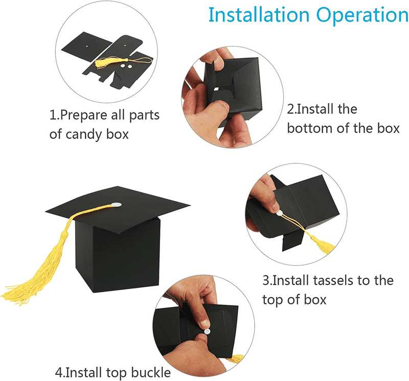 30Pcs Graduation Cap Shaped Gift Box - 6CM Black Doctoral Sweet Boxes with Yellow Tassel for Celebration Ceremony Party image number 5