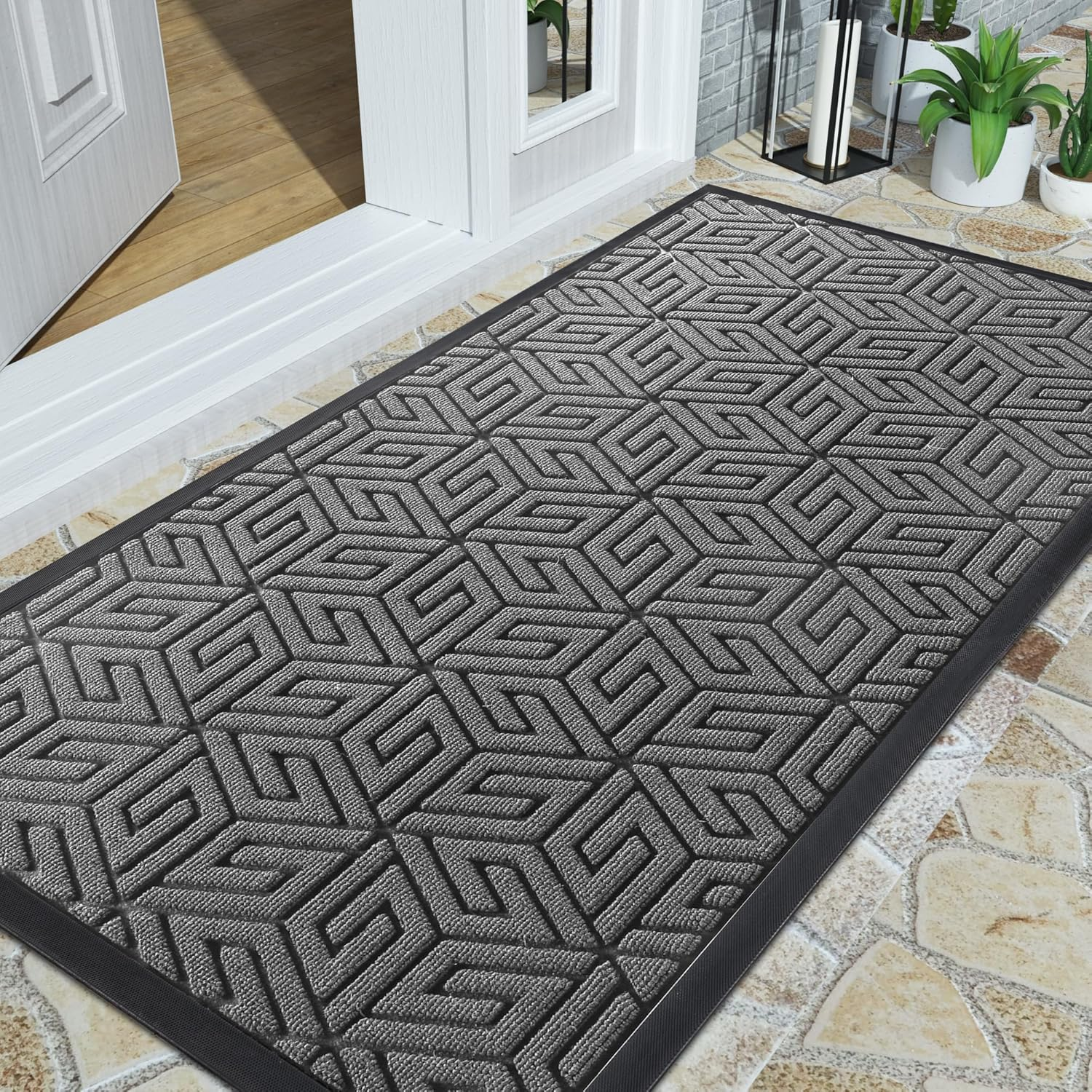 Yimobra Front Door Mat outside Entrance 17X29.5, Waterproof All-Season Weather Doormat, Stain and Fade Resistant, Indoor Outdoor Entryway Welcome Mat, Non Slip Natural Rubber, Easy Clean Patio, Gray image number 3