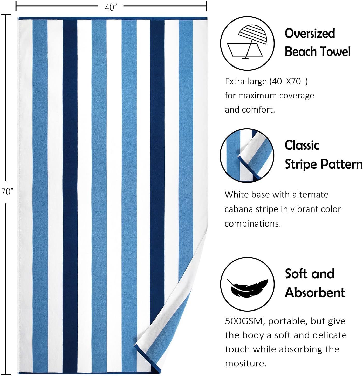 Oversized Cotton Beach Towel - 40"X70" Extra Large Plush Thick Stripe Pool Towel, XL Soft Striped Cabana Swimming Towels for Adults Mens Women Girls (White Navy Blue) image number 4