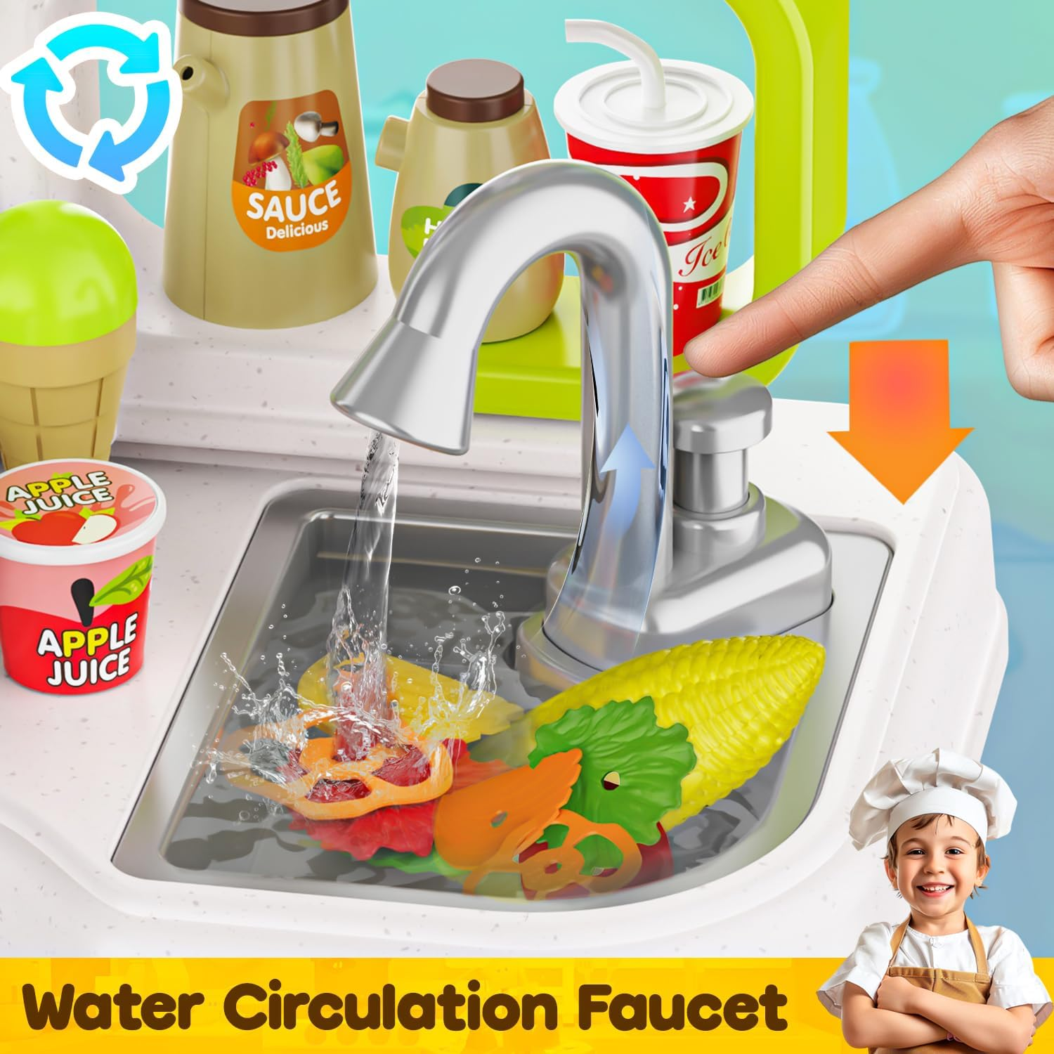 96PCS Kids Kitchen Playset - Green, Sound & Light Cooking Stove with Steam, Play Food Toy Kitchen Accessories, Sink, Oven, Pretend Play Kitchen Toys Set for Boys and Girls image number 4