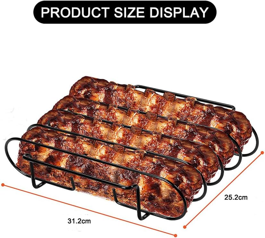 BBQ Rib Rack, Non-Stick Carbon Steel Roasting Stand for Smoking, Gas or Charcoal Grill Holds up to 5 Back Ribs Smoker Rack for Grilling and Barbecue (Black) image number 1