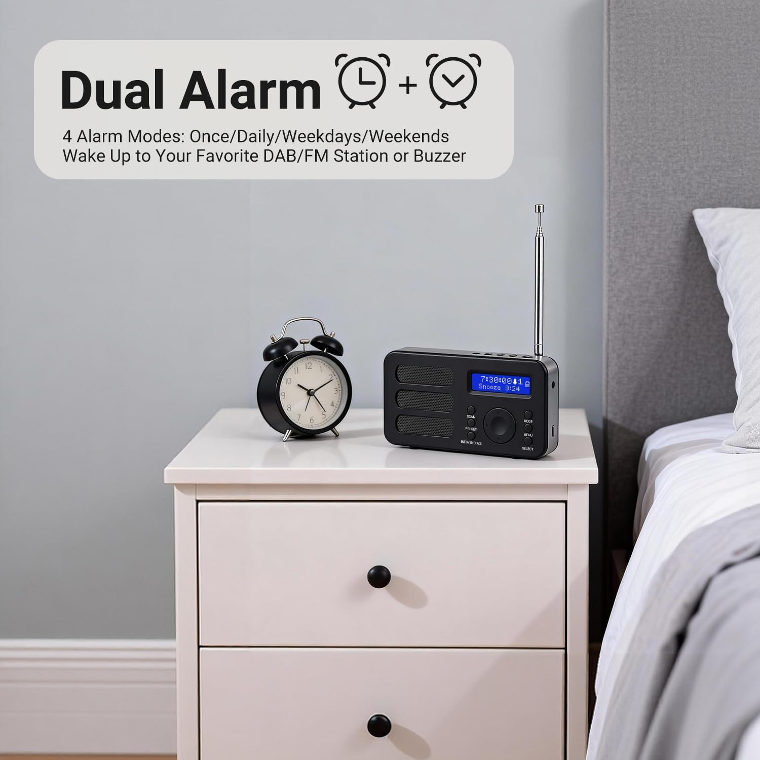 August MB225 Portable DAB Radio DAB/DAB +/FM - RDS Function, 40 Presets, Stereo/Mono Portable Digital Radio, Dual Alarm, Rechargeable Battery, Headphone Jack (Black) - Black image number 3