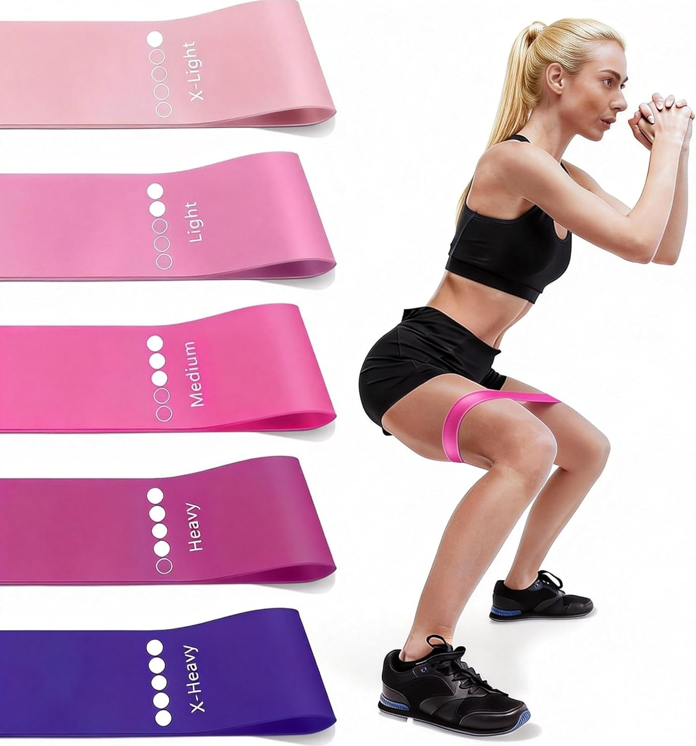 Exercise Bands Set of 5 Rubber Latex Anti-Slip, Resistance Bands, Pilates Flexbands for Workout, Stretching, Physical Therapy, Yoga and Home Fitness With
