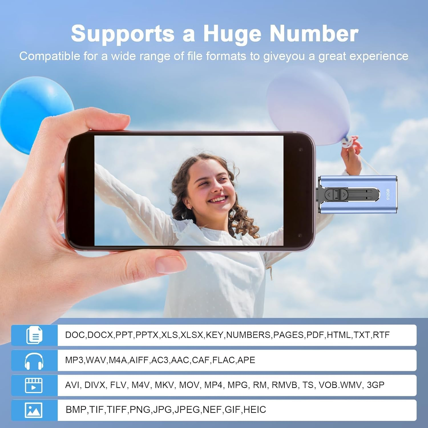 Phone Photo Stick,Mfi Certified Phone Flash Drive,4 in 1 512G USB Drive for Phone Ipad USB Stick,Phone Thumb Drive,Phone Photo Storage Phone Memory Stick for Phone/Pc/Ipad/More Devices(Blue - Black image number 6