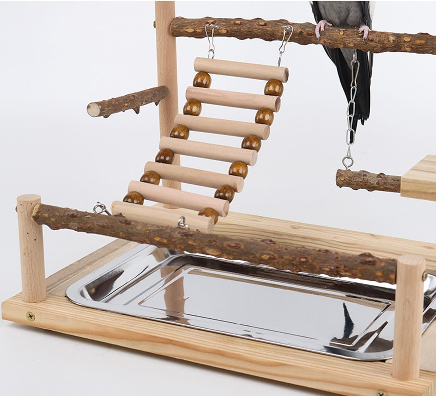 Wood Pet Parrot Playground Bird Play Stand Toys Avian Perch Avian Cage Accessory with Feeder Cups for Cockatiel Parakeet image number 2