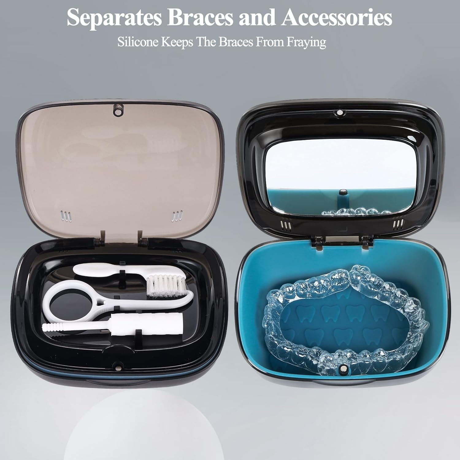 Double Layer Aligner Case Retainer Case with Mirror, Retainer Holder with Remover Tool and Cleaning Brush with Vent Holes Compatible with Aligner Case, Retainer Case,Orthodontic Supplies Case - Black image number 3