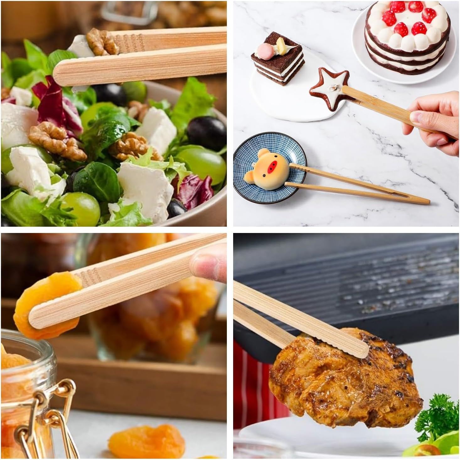 4 Pieces Natural Bamboo Toast Tongs, Reusable Eco-Friendly Toast Tongs with Anti-Slip Design,For Toaster,Fruits, Bread & Pickles, Kitchen Utensil, Salad, Pasta, Grilling, BBQ image number 3