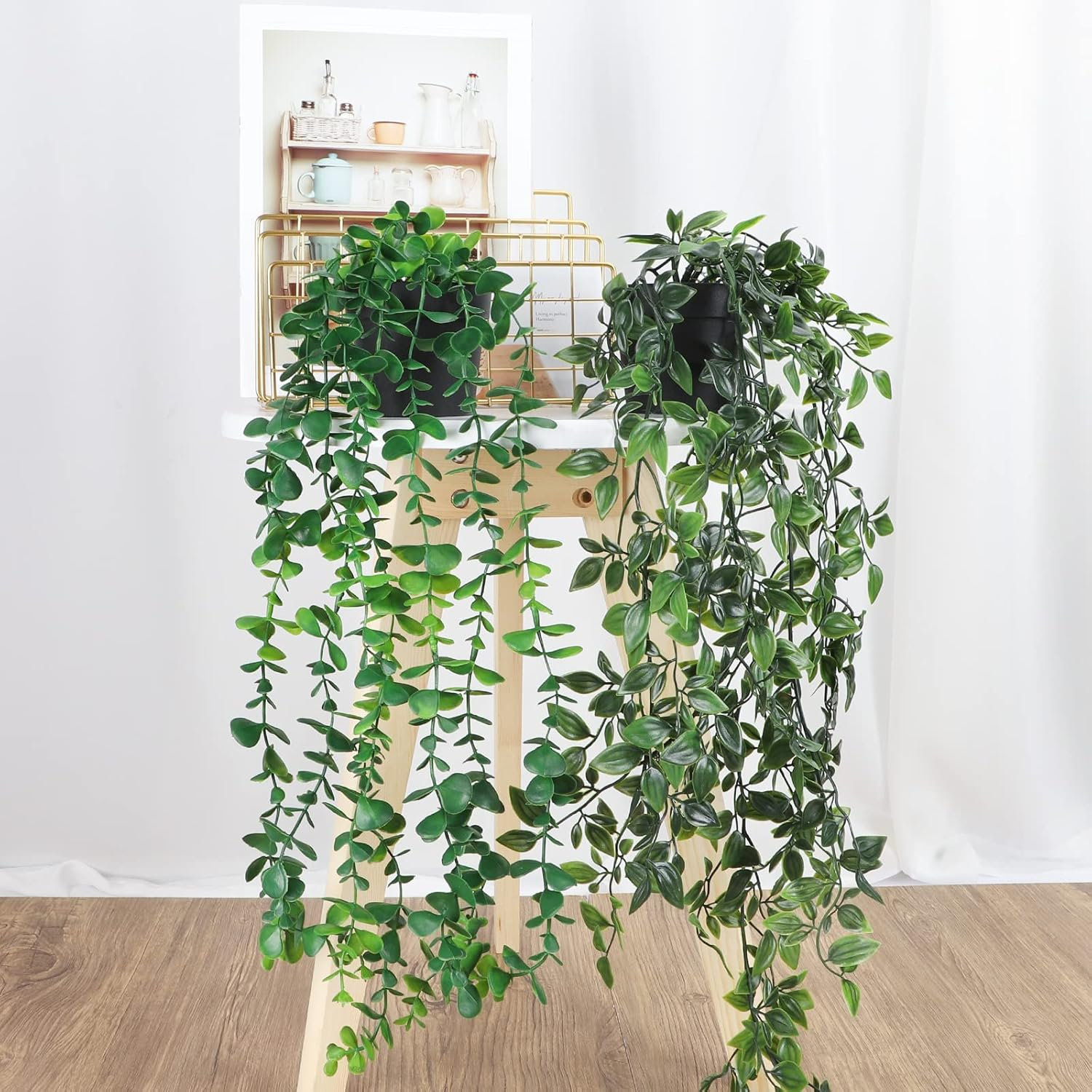 WXBOOM Artificial Hanging Plants, 3 Pack Fake Hanging Plants Fake Potted Greenery Plants Faux Eucalyptus Vine, Mandala Vine in Pot for Home Room Indoor Outdoor Shelf Decor image number 3