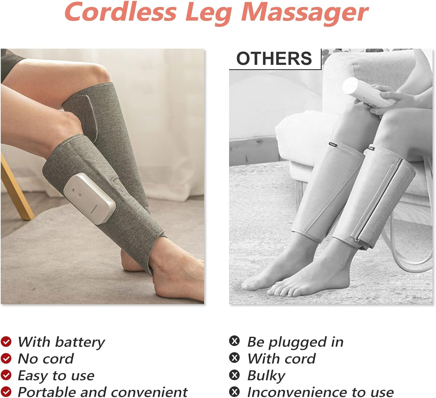 HOLDPEAK Wireless Leg Massager with Heat Air Compression - Calf Muscle Massager with 3 Modes 3 Intensity Levels - Vibration Function Portable Electronic Massage Device (1PC) image number 3